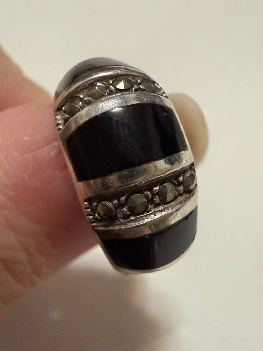 Sterling Silver 925 Black Onyx and Marcasite Dome Ring size 5.75 - Picture 7 of 10